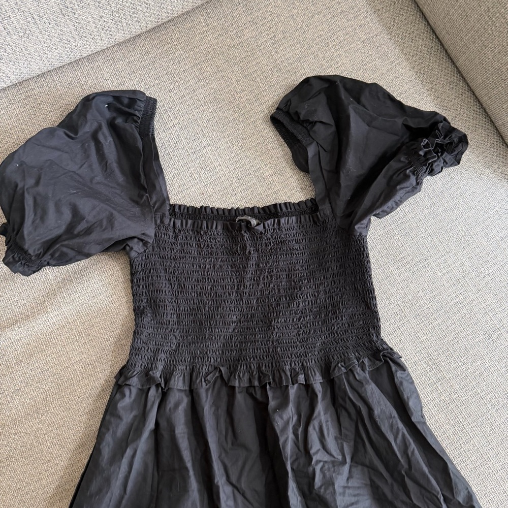 French Connection Black Smocked Puff-Sleeve Dress- 100% Cotton - Picture 9 of 10